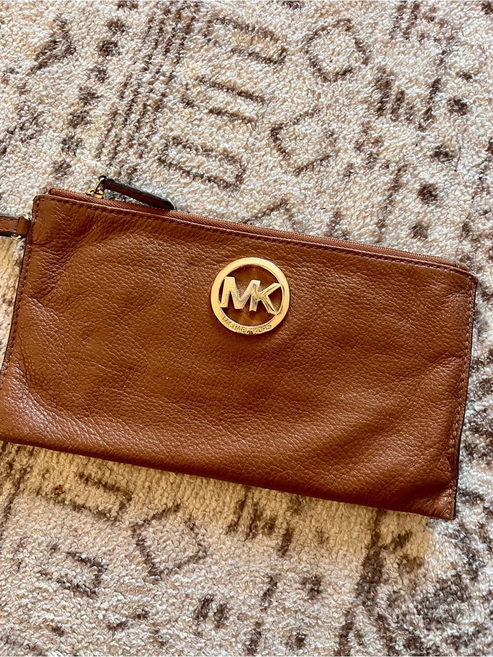Michael Kors Chestnut Brown Leather Wristlet Clutch with Gold MK Emblem
